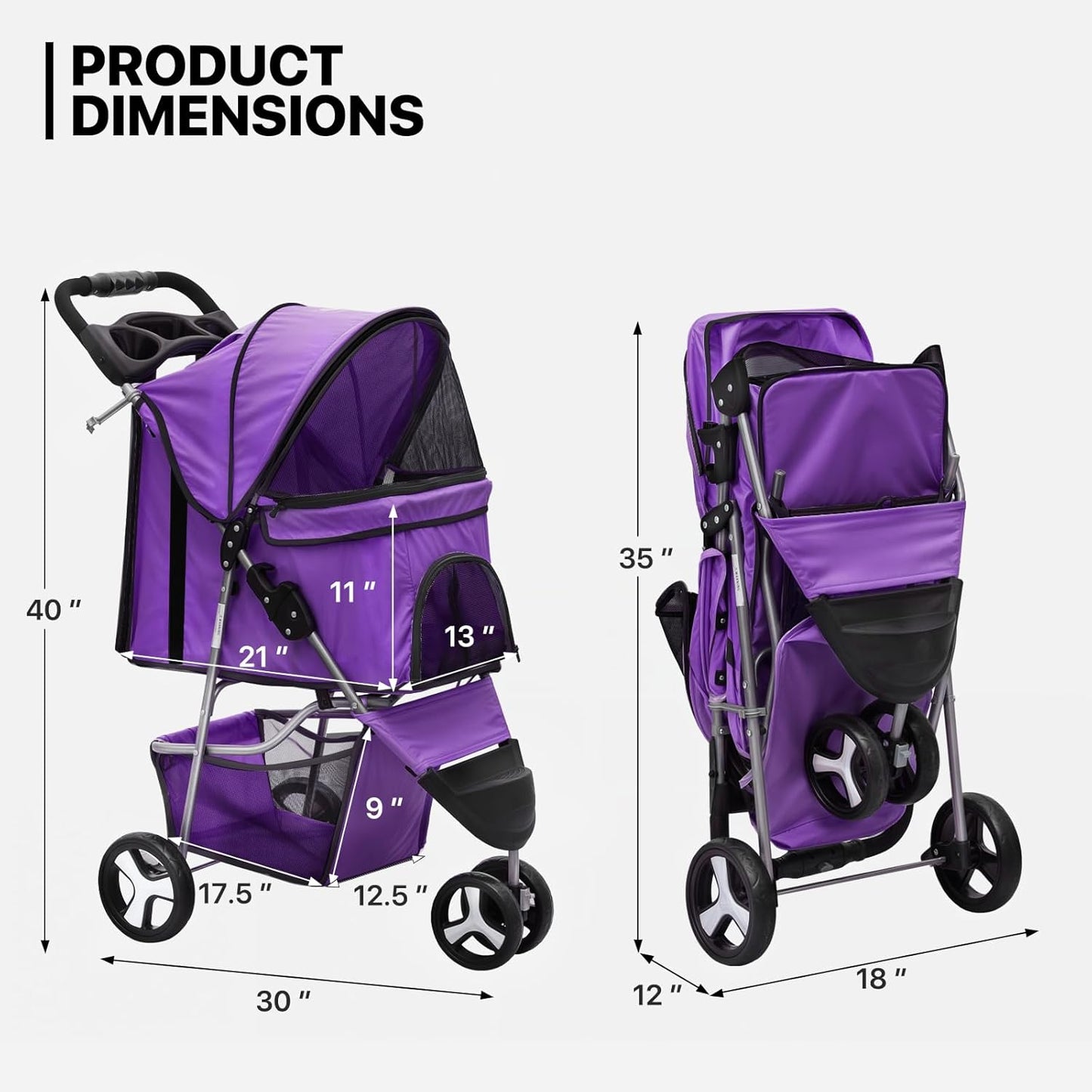 MoNiBloom 3 Wheels Pet Dog Cat Stroller for Small Medium Dogs Cats, Lightweight Foldable Jogger Stroller w/Storage Basket and Cup Holder, Purple - Pawvie