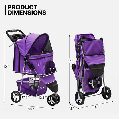MoNiBloom 3 Wheels Pet Dog Cat Stroller for Small Medium Dogs Cats, Lightweight Foldable Jogger Stroller w/Storage Basket and Cup Holder, Purple - Pawvie