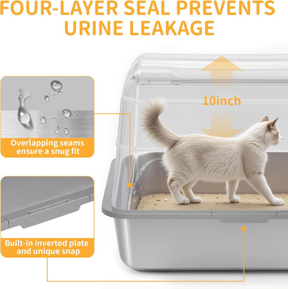 Stainless Steel Litter Box with Lid, XL Extra Large Cat Litter Box, Enclosed Metal Litter Pan with High Sided Enclosure & Scoop, Anti Leakage, Easy to Clean, Odor Control(Grey)