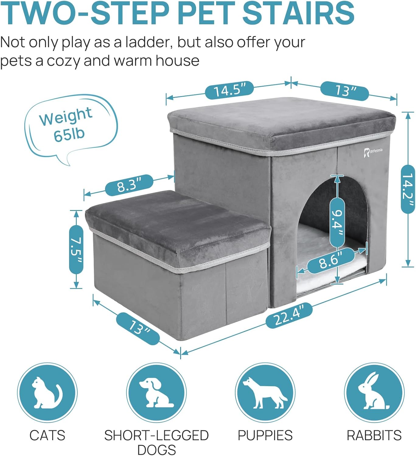 Foldable Pet Stairs for Beds & Sofas - Non-Slip Dog Steps with Storage for Small to Medium Dogs & Cats, Supports up to 120 lbs - Durable 2 & 3-Step Doggie Ladder for Easy Access - Pawvie