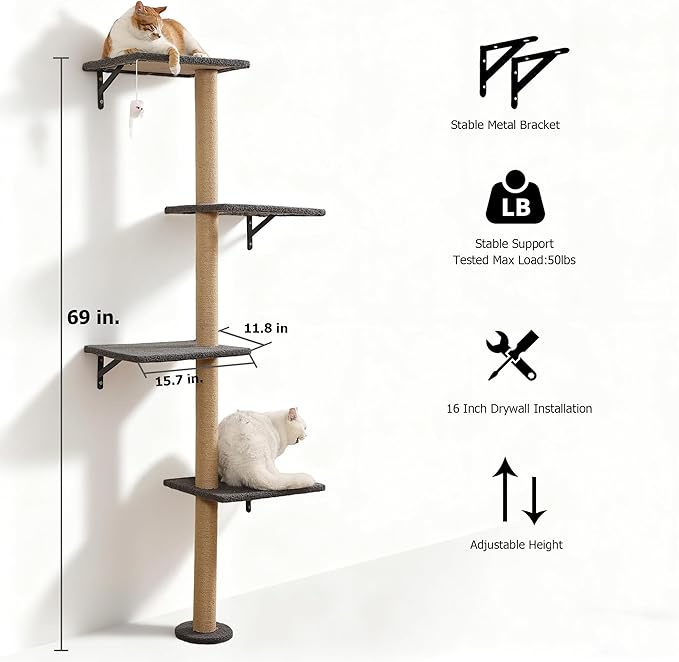 Cat Tree Wall Mounted,Tall Scratching Post for Indoor Cats Climbing Tower Activity Wood Cat Wall Furniture (Grey)