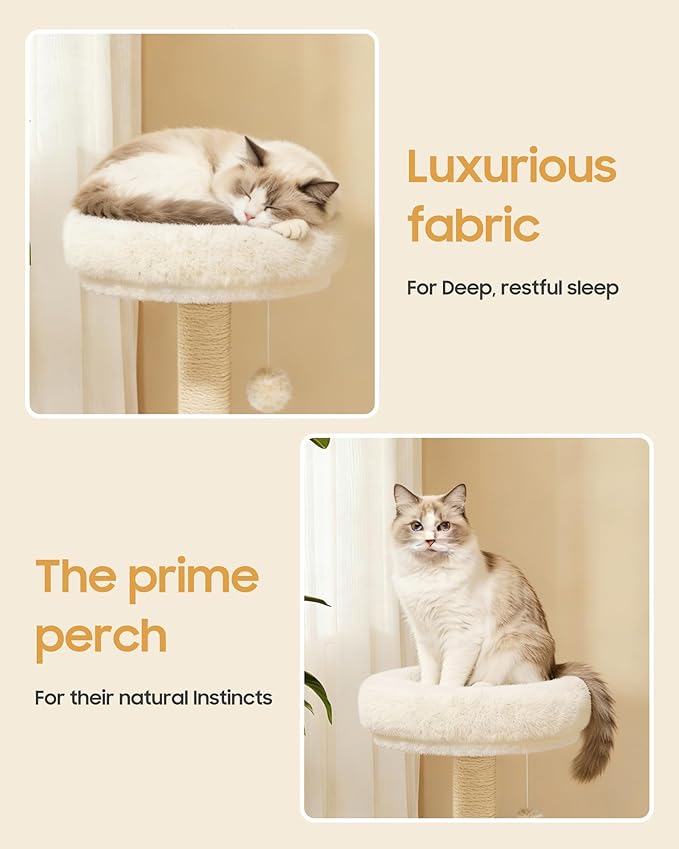 Cat Tree, 34.3 Inches Cat Tower with Scratching Post, Condo, Interactive Hanging Ball, Plush Perch for Indoor Large Cats, Beige