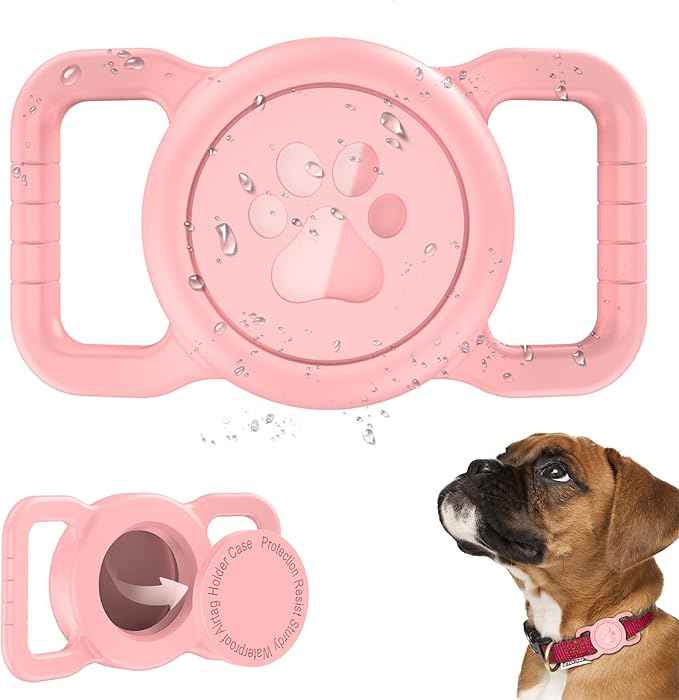 SANKALA Airtag Dog Collar Holder, [1 Pack] Waterproof Airtag Collar Holder for Dog, Silicone Full Body Covered Anti-Lost Protective Apple Airtag Case for Pet Collar - Fits All Width Collars,Pink