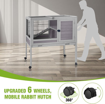 GUTINNEEN Wooden Guinea Pig Cages with Wheels for Indoor & Outdoor, 2-Story Rabbit Cage Bunny Hutch with Wire Mesh & Leakproof Pull-Out Tray for Guinea Pigs, Hamsters, Small Animals (Grey)