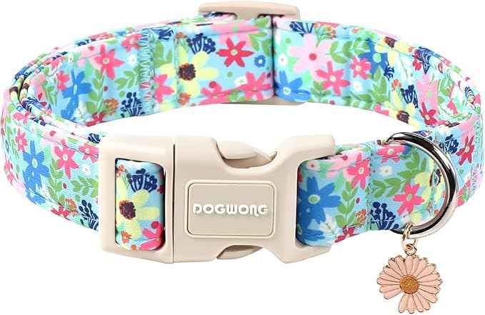 DOGWONG Cute Flower Printed Collar for Small Medium Large Dogs - Blue Floral Dog Collar for Girl Female Boy Dogs,XL