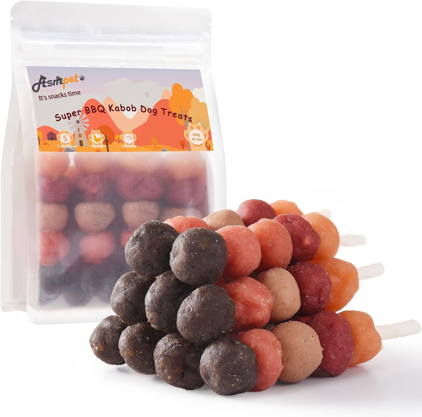 ASMPET Dog Treats Chews, Multi-Flavor Dog Kabob Snacks, Made with Chicken, Duck, Salmon, Rabbit and Beef, Rawhide Sticks for Dogs