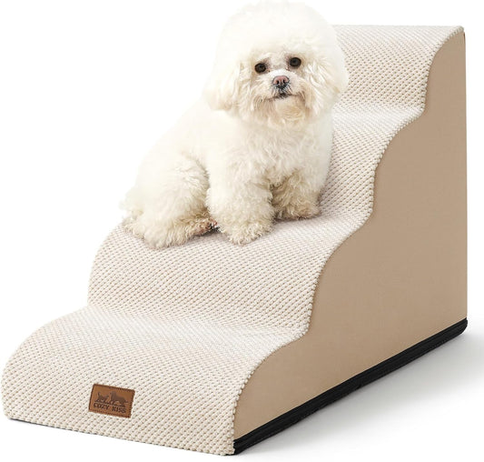 Dog Stairs for Small Dogs 19.7" H, Curved Dog Step for Puppy, Older or Cat, Medium Pet Ramp for Sofa, Couch or Bed, Ladder with High Density Foam, 15.7x28.3x19.7 inch, 4 Step, Beige - Pawvie