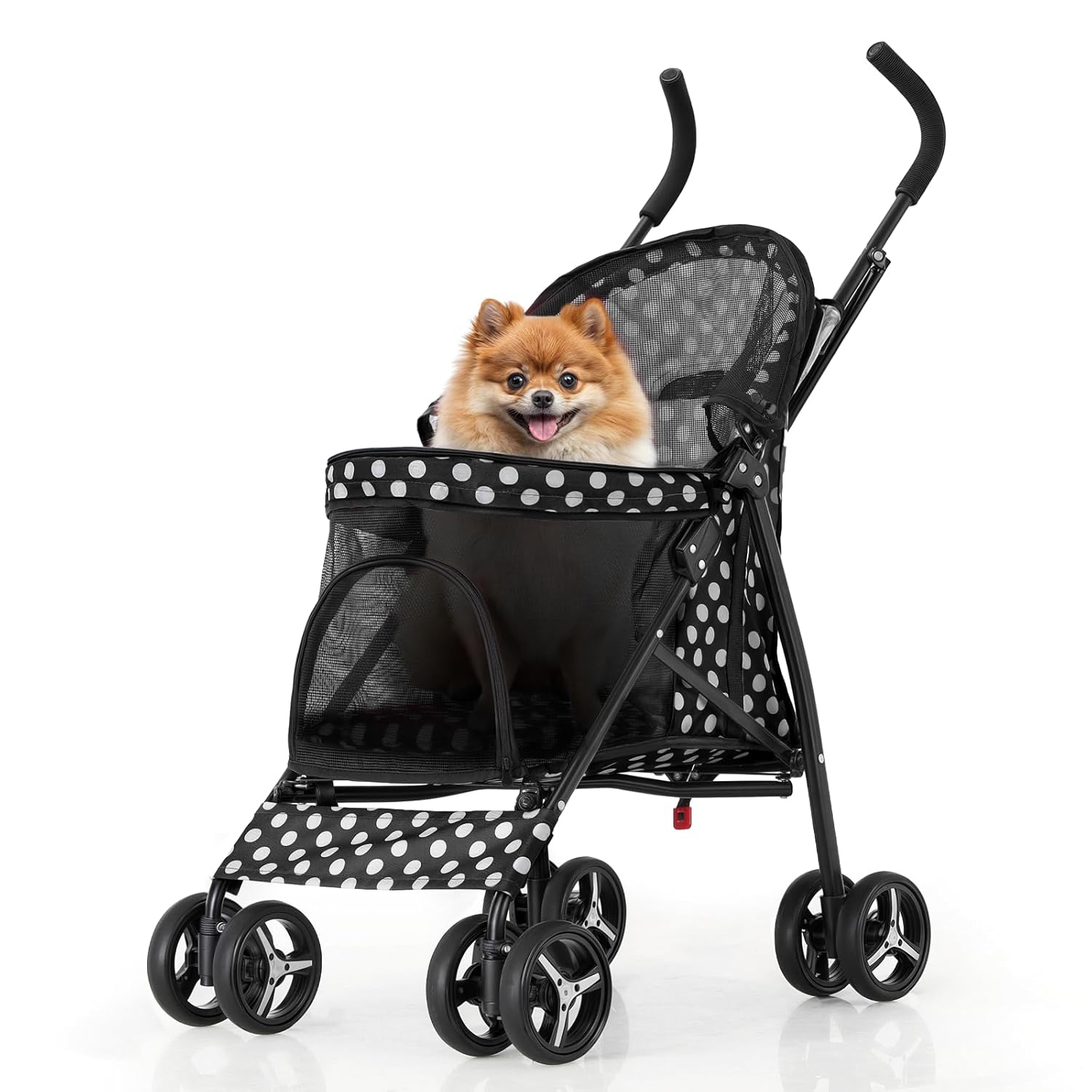 MoNiBloom 4 Wheels Pet Stroller, Easy-Fold Umbrella Shaped Dog Cat Jogger Stroller w/Storage Bag & Visible Mesh for Small/Medium Dogs Cats Black Polka Dots - Pawvie