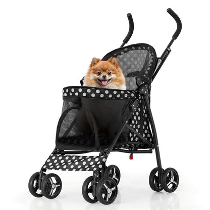 MoNiBloom 4 Wheels Pet Stroller, Easy-Fold Umbrella Shaped Dog Cat Jogger Stroller w/Storage Bag & Visible Mesh for Small/Medium Dogs Cats Black Polka Dots - Pawvie