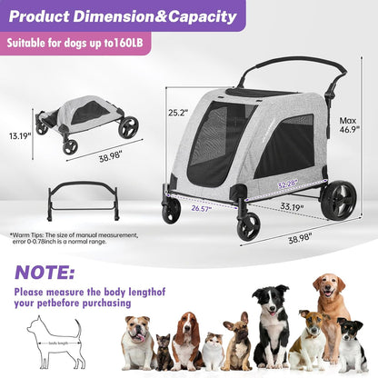EchoSmile XL Extra Large Dog Stroller - Adjustable Handles,Lightweight Folding Pet Stroller,All-Terrain 4 Wheel for 2 Medium Dogs,Dual Entry Safety Dog Stroller,Capacity 160 lbs,Gray - Pawvie