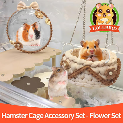 4-Pack Wooden Rat Cage Accessories - Platforms, Ladders & Hammocks Set for Chinchillas, Hamsters, Gerbils (for Iron/Wooden, Acrylic Hamster Cages + Customizable Layout) (9.1x5.6x4.3)