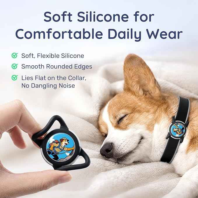 Dog AirTag Holder for Dog Collar, Soft Silicone Slide-On Case for Apple AirTag, No-Dangle Quiet Protective Holder with Eye-Catching Pet Character Designs, Black-Summit Explorer