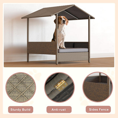 LEMBERI Outdoor Rattan Dog House with Canopy, Indoor Dog Bed for Small/Medium Dogs with Removable Cushion, Washable Cover, Dog Shelter for Patio, Deck, Yard, Pool, Gray