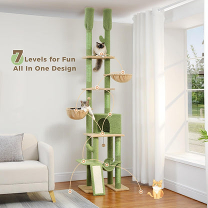 PAWZ Road Cactus Cat Tree Floor to Ceiling Cat Tower with Adjustable Height(85-112 Inches), 7 Tiers Climbing Activity Center with Cozy Hammocks, 5 Platforms and Scratching Posts for Indoor Cats