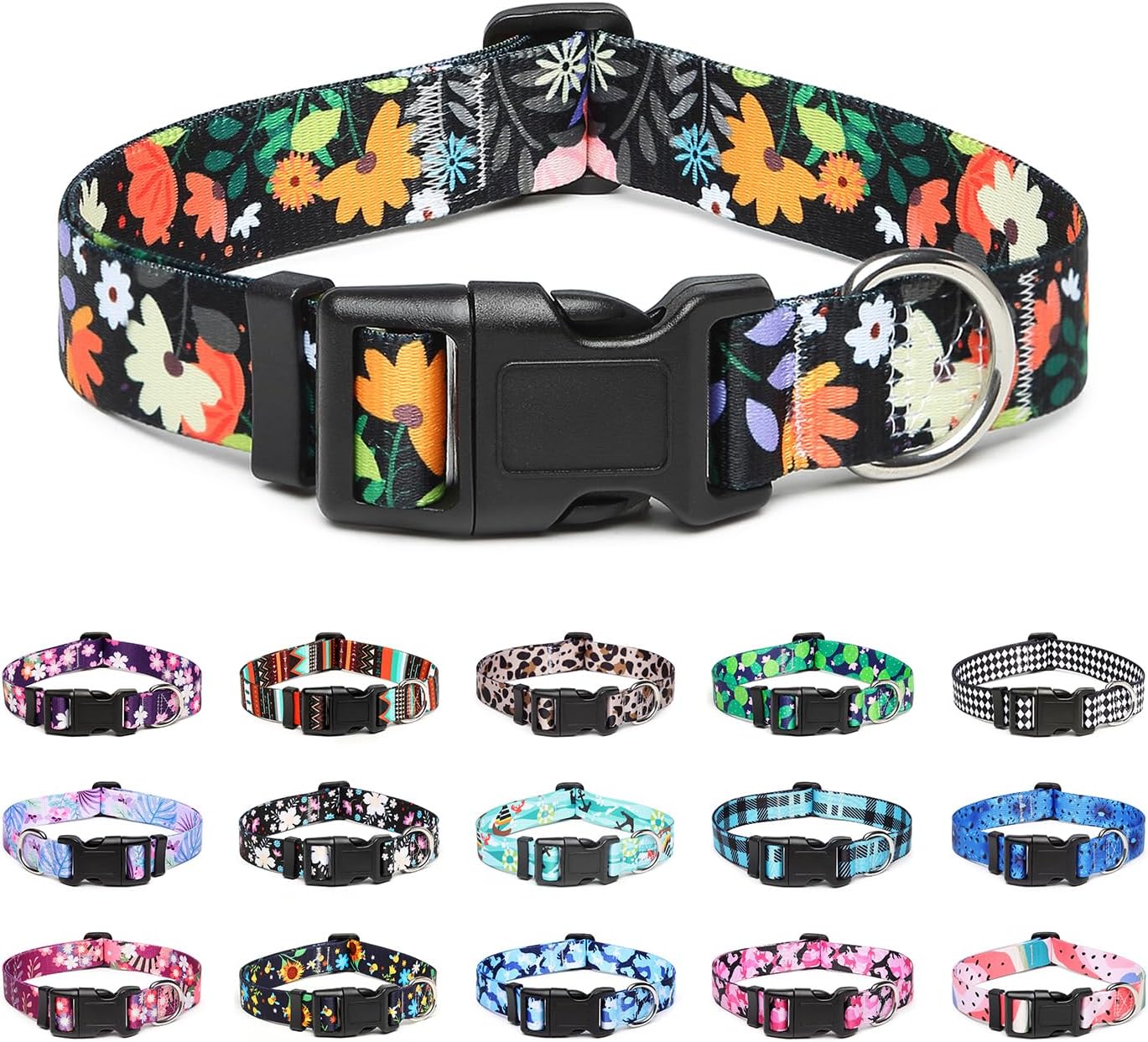 Mercano Adjustable Dog Collar - Special Design Patterns, Soft Nylon Comfortable Durable Pet Collar for Small Medium Large Dogs (S, Floral Orange)