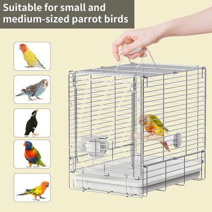 Bird Carrier Travel Cage - 304 Stainless Steel Portable Folding Bird Travel Cage with Parrot Feeder Cups & Standing Perch for Smaller Birds Conures Lovebird Cockatiel Parakeets (White)