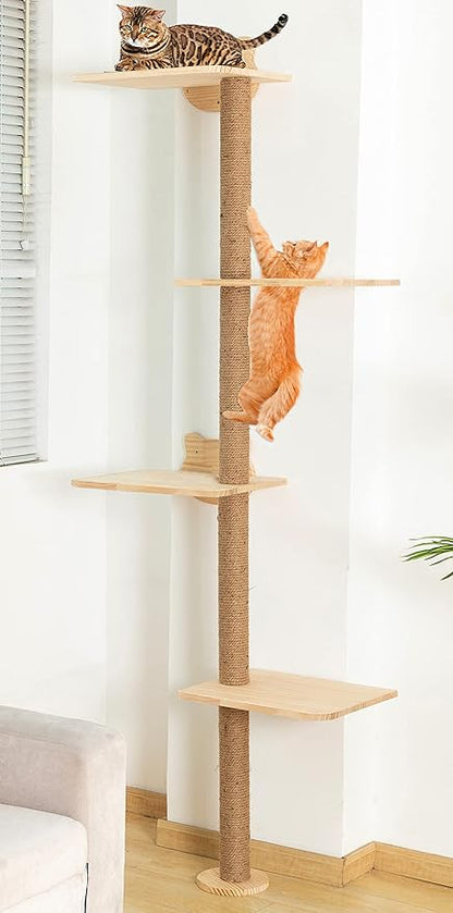 Cat Tree Wall Mounted,Tall Scratching Post for Indoor Cats Climbing Tower Activity Wood Cat Wall Furniture(Wood)