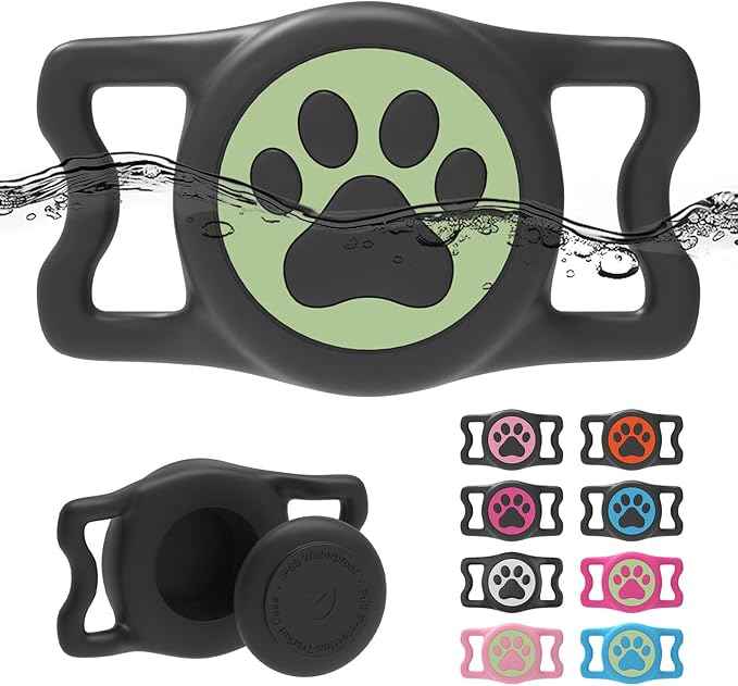 Waterproof Dog Collar AirTag Holder,Stretchy Silicone Full Body Covered AirTag Holder for Dog Cat Collars (Black-Luminous)