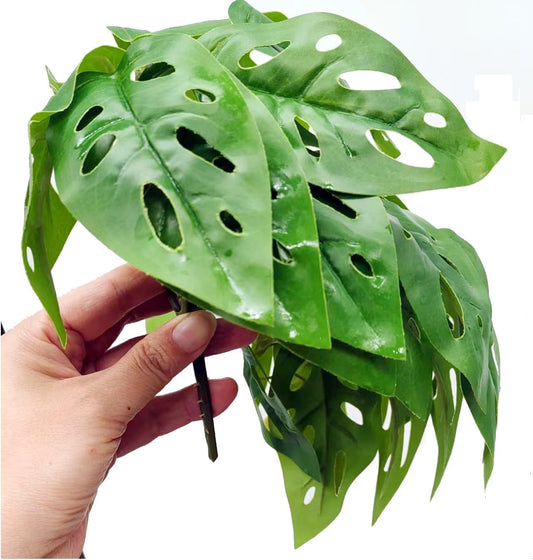 Reptile Plants for Terrarium Decor, Amphibian Habitat Decor, Reptile Tank Accessories, Artificial Hanging Plants with Suction Cup-2 Packs (Swiss Cheese)