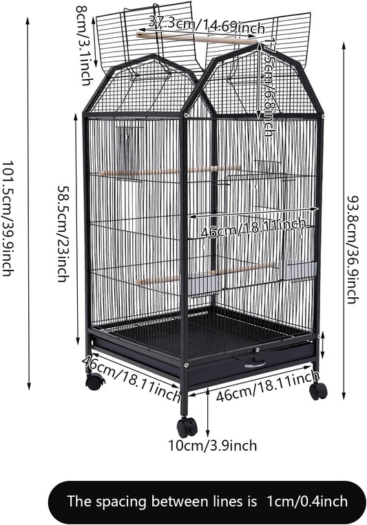 40-Inch Wrought Iron Bird Cage with Open-Top and Rolling Stand, Movable Parrot Cage Pet Bird Flight Cage, 360 Degree View Spacious Interactive Roof Pet Bird House for Medium&Small Birds