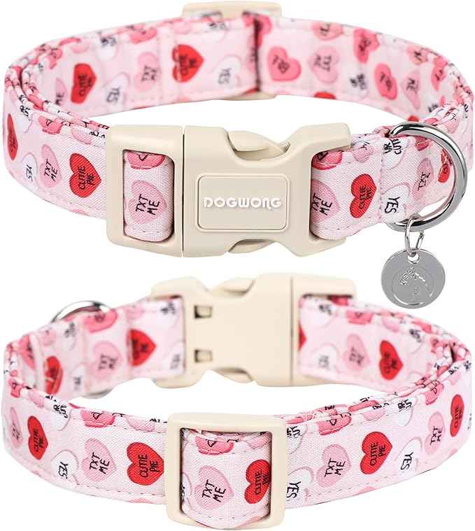 DOGWONG Valentine's Dog Collar, Adjustable Durable Pink Heart Dog Collar Cute Girl Dog Collar for Small Medium Dogs