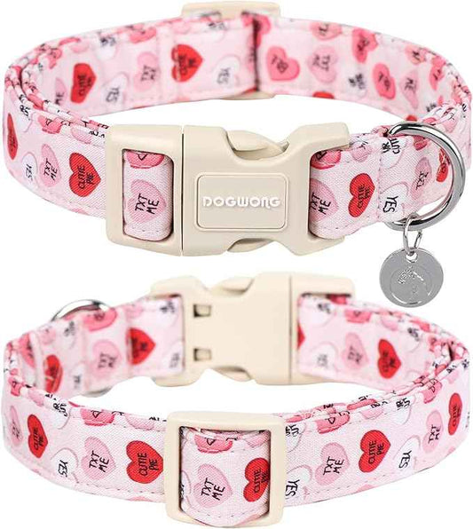 DOGWONG Valentine's Dog Collar, Adjustable Durable Pink Heart Dog Collar Cute Girl Dog Collar for Small Medium Dogs