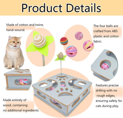 Interactive Wooden Cat Puzzle Toy Box Indoor Hunting Play Toy to Stimulate Your Cat’s Energy and Instincts (Blue)