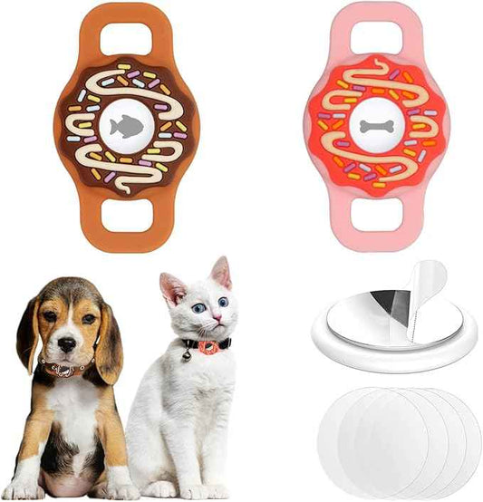 2-Pack AirTag Cat Collar Holder for Apple AirTag 2021, Silicone Air Tag Protective Case for Puppy Dog Collar with Screen Protectors - Donut, Pink & Brown