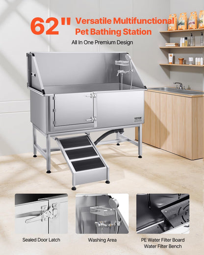 VEVOR Stainless Steel Dog Washing Station, Professional 62 inch Pet Grooming Tub w/Ramp, PE Water Filter Board, Faucet & Showerhead & Soap Holder Bathtub for Large & Medium & Small Pets (Left Door)
