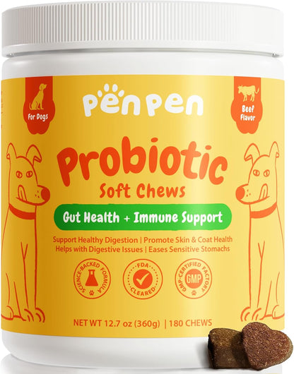 Penpen Probiotics for Dogs, Dogs Probiotics for Digestive Health, Multi-Probiotic and Enzyme Blend Promote Gut Health & Immune Support, Eases Sensitive Stomachs (Beef Chews, 180ct)