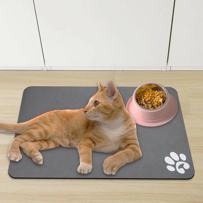 YCT Pet Cat Food Mats for Dog Food Mat, Cat Mat for Food, Pet Dog Cat Feeding Mat Eating Mat Pet Dog Cat Bowl Mats, Non-Slip Super Absorbent, with Footprints Logo，24 x 16.9 inches, Black