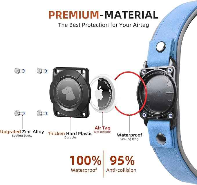 Leather AirTag Dog Collar, Waterproof Dog Collar with Air Tag Holder, Compatible with Apple Air Tag, Reflective, Durable, Comfortable Padded GPS Dogs Collars (Blue, M)