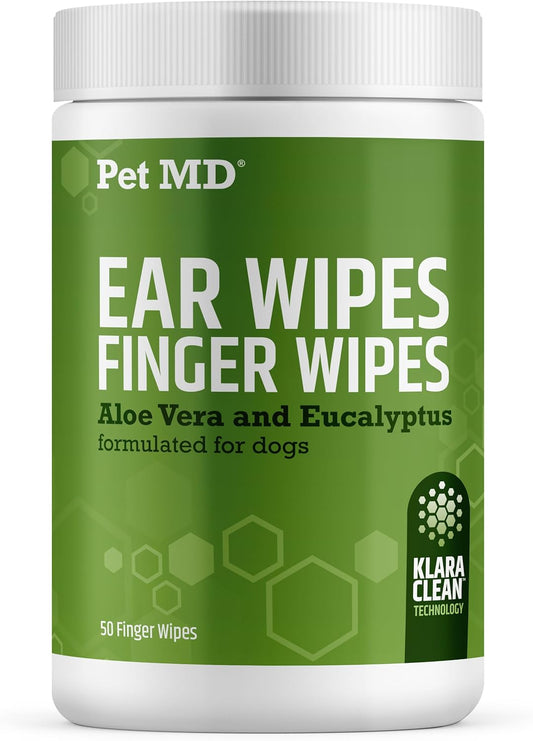 Pet MD Ear Finger Wipes for Dogs - Extra-Coverage and Large Design - with Eucalyptus and Aloe Vera for Dogs - Pet Ear Cleaning Finger Wipes & Puppy Ear Cleaner - 50ct