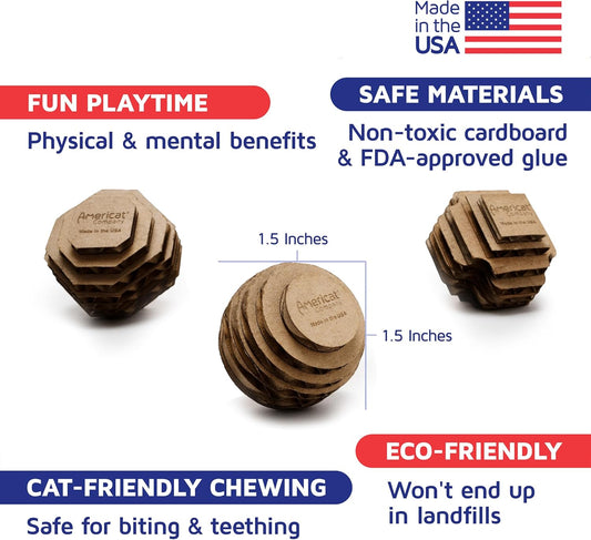 Cat Ball Toys by Americat â Made in USA â Safe Cardboard Cat Toys â for Interactive and Independent Play, Exercise & Stress Relief for All Breeds & Ages (Variety Pack of 3 Balls)