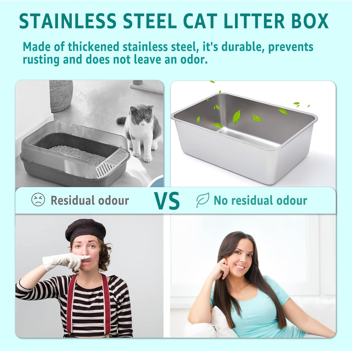 Large Stainless Steel Cat Litter Box-Metal Litter Box for Cats, High Sided Metal Litters Boxes, No Smell, Non Stick, Easy Clean, Odor Proof, Indoor Outdoor