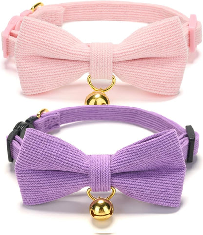 2 Pack Soft Corduroy Cat Collars with Bow Tie & Bell, Adjustable Breakaway Cotton Kitty Bowtie Collar for Girl Female Kitten (Pink & Purple)