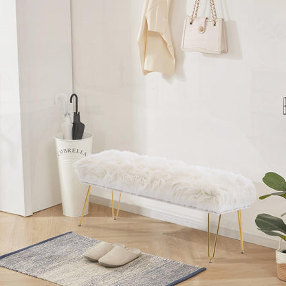 46 Inch White Bedroom Bench, Benches for Bedroom White Faux Fur Upholstered Bed end Bench, Tufting Ottoman Bench Indoor Bench with Metal Legs for Living Room Bedroom Entryway, White