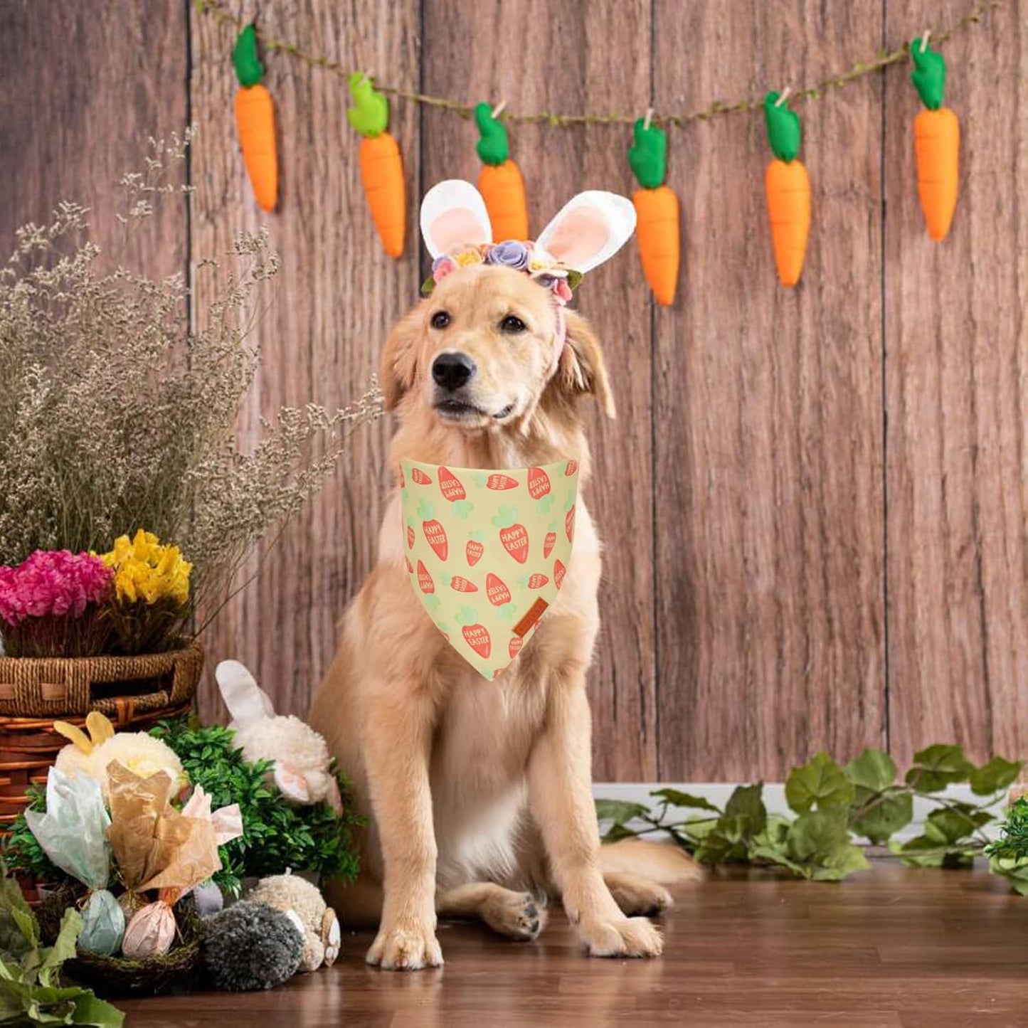 PTDECOR Easter Dog Bandana, Green and Yellow Rabbit Carrot Reversible Holiday Dog Scarf, Multi Size, Triangle Pet Easter Bandanas for Large and Extra Large Dogs Pets (X-Large)
