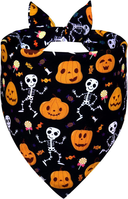 Halloween Dog Bandana for Small Dogs - Reversible Black Skull Pumpkin Print Scarf - Soft & Quick-Dry for Costume Parties
