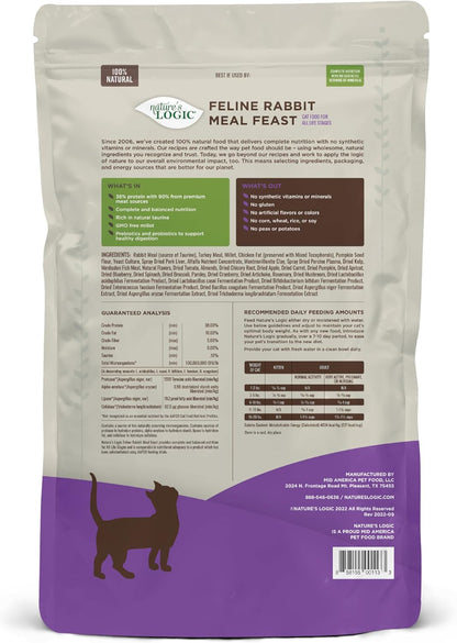 Nature's Logic Feline Chicken Meal Feast Cat Food - High-Protein Dry Food for Cats, 100% Natural Nutrition with Probiotics & Prebiotics - All Life Stages - Rabbit, 7.7lbs
