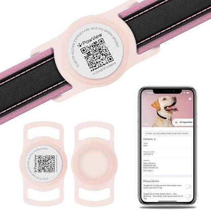 for Airtag Dog Collar Holder with QR ID Tag, Glow in the Dark, Fluorescent Waterproof Silicone for Airtag Case for Dog Collars, Scan for Instant Alert, Emergency Contact, Pet Profile (Blissful Pink)