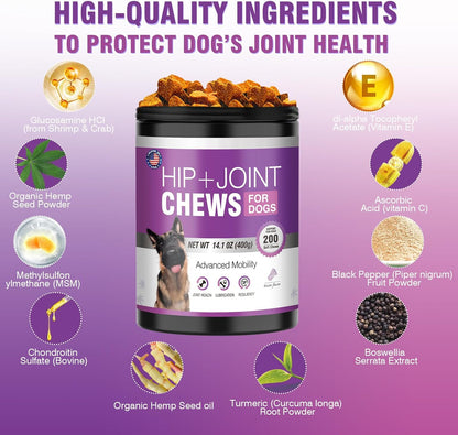 Glucosamine for Dogs 200pcs Joint Support Supplement Dog Hip and Joint Chondroitin Chews Treats with MSM Hemp Dog Joint Pain Relief Mobility Supplements Bacon Flavor Fit All Large Small Medium Breed