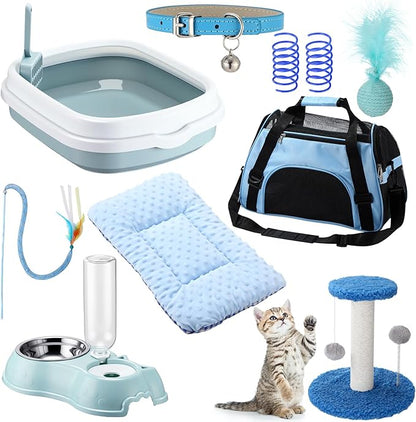 Eccliy Kitten Starter Kit, 10 Pcs Cat Starter Kit for Indoor Cats Kitten Essentials Includes Litter Box, Pet Toy, Folding Carrier, Climbing Frame, Mat, Collar, Automatic Food Bow(Classic,Blue)