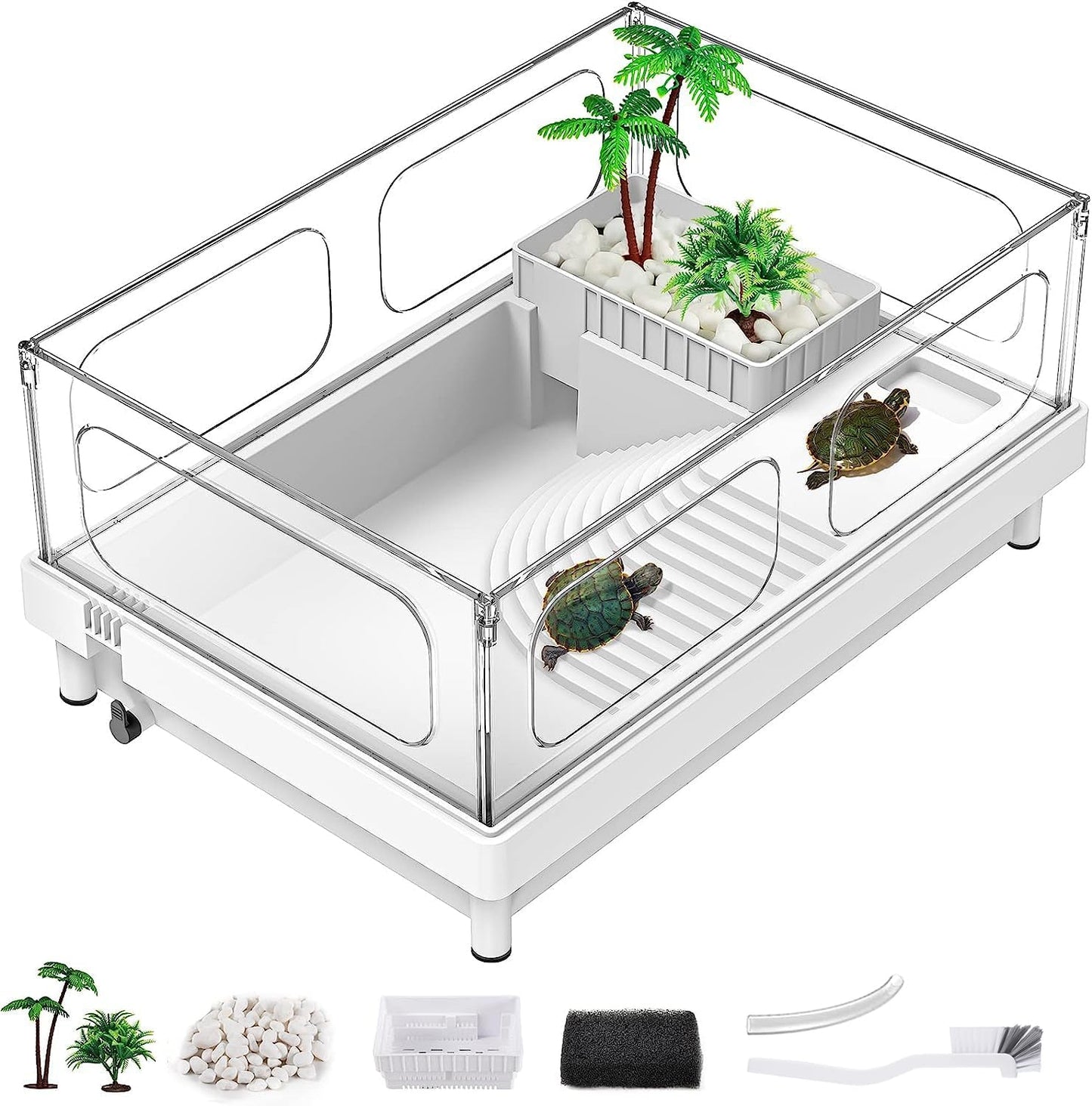 Small Turtle Tank, Aquarium, Acrylic Terrarium with Basking Platform, Bottom Drainage, Multi-Function Areas for Turtles, Crabs, Crayfish, Reptiles. - Pawvie