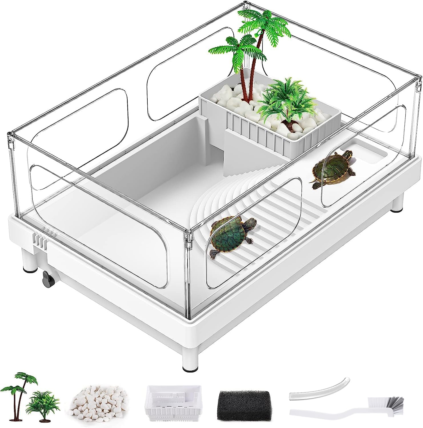 Small Turtle Tank, Aquarium, Acrylic Terrarium with Basking Platform, Bottom Drainage, Multi-Function Areas for Turtles, Crabs, Crayfish, Reptiles. - Pawvie