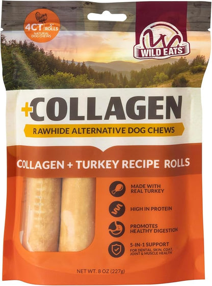 Wild Eats Turkey Flavor Collagen Retriever Style Cheek Rolls 5" Dog Chews-4 Pack (Long Lasting Dog Chews Treats & Bones for Medium Dogs) Substitute for Pig Ears for Dogs