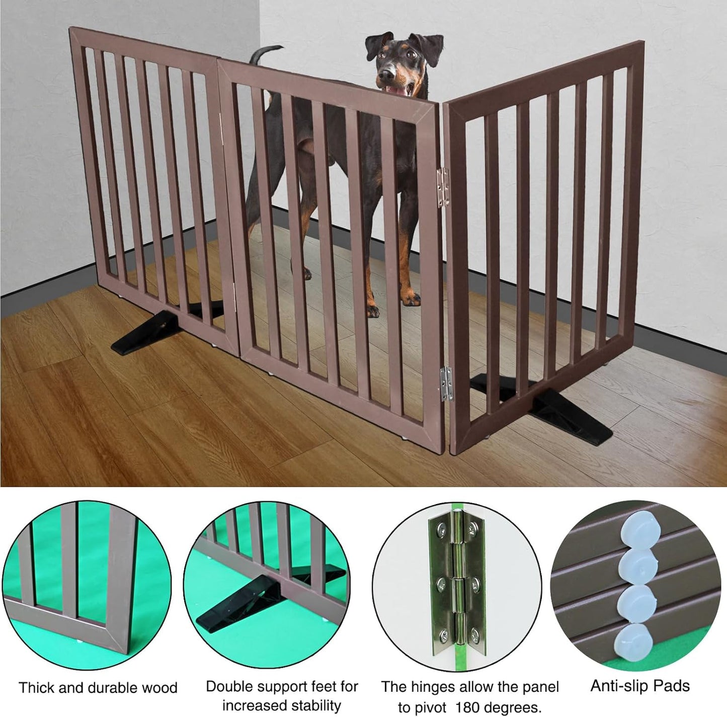 ZJSF Freestanding Indoor Dog Gate for House Foldable Wood Puppy Gate for Doorways Pet Gate for Stairs Extra Wide Pet Fence, Brown, 32" Height 3 Panels