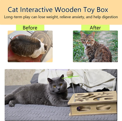 Interactive Wooden Cat Puzzle Toy Box Indoor Hunting Play Toy to Stimulate Your Cat’s Energy and Instincts (Blue)