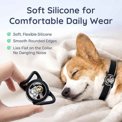 Dog AirTag Holder for Dog Collar, Soft Silicone Slide-On Case for Apple AirTag, No-Dangle Quiet Protective Holder with Eye-Catching Pet Character Designs, Black-Astronaut