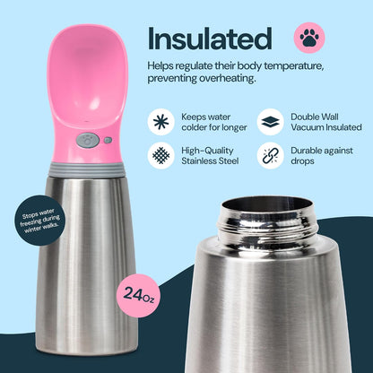 MalsiPree Insulated Dog Water Bottle - 24 Oz, Pink - Leak-Proof Stainless Steel Portable Travel Dispenser & Bowl